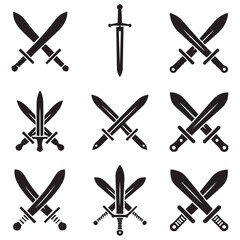 Sword icons set. Vector Black silhouettes Ancient swords signs and crossed pictograms. with white background