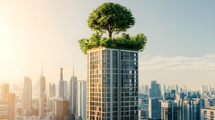 Modern Green Building with Tree on Roof in Urban Landscape