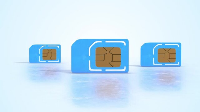 SIM Cards on a Light Reflective Floor. Stylized SIM Card 3D Animation. 4K