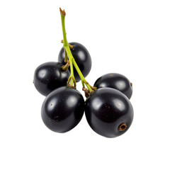 A cluster of five ripe black currants with green stems, isolated on a transparent background.