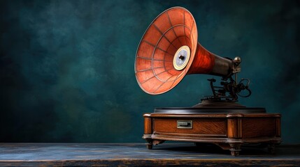 Antique gramophone on dark teal background
