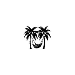 Hammock between two palm trees silhouette, black and white silhouette, vector and illustration 