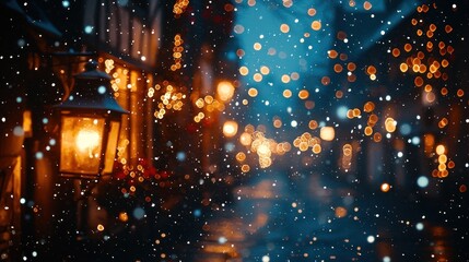 Obraz premium Snowy, lit street scene