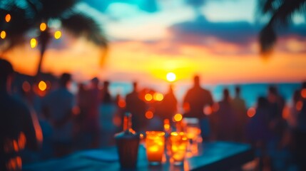 A sunset beach scene with silhouettes of people and twinkling string lights enhancing the atmosphere