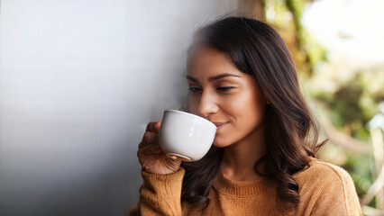 Woman Enjoying a Warm Beverage in Cozy Indoor Setting