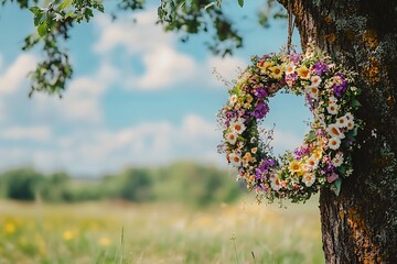 Obraz premium Rustic Tree Trunk Adorned with Vibrant Wildflower Wreath on Sunny Outdoor Backdrop