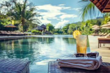 Obraz premium Refreshing drink by the poolside under a clear blue sky in a tropical resort setting