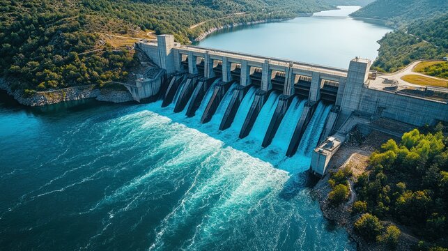 Hydroelectric dam releasing water into a reservoir. Powerful energy source