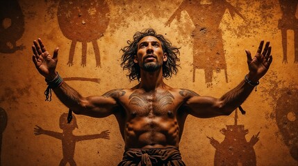 Muscular man performing ancient ritual dance surrounded by cave paintings in a dimly lit historic site at dusk