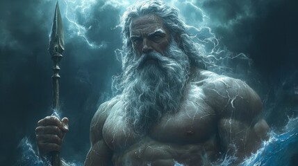 Bearded man with trident in storm, powerful, muscular, epic