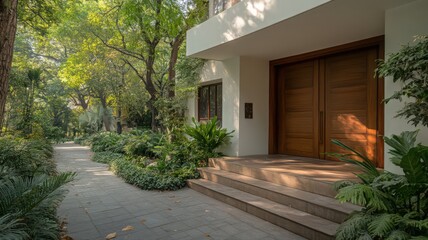 Modern House Entrance with Stone Steps and Lush Greenery