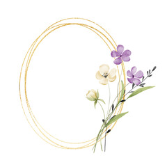 Flowers gold frame. Watercolor hand painting floral wreath with place for text with bouquet. Isolated on white background.
