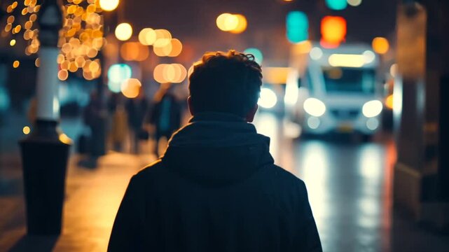 A solitary figure walks through a bustling city street at night, illuminated by colorful lights