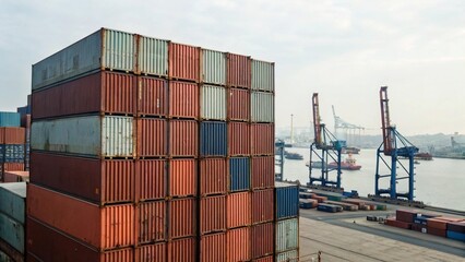 Fototapeta premium Aerial View of Stacked Cargo Containers at Busy Industrial Port Terminal with Shipping Cranes 