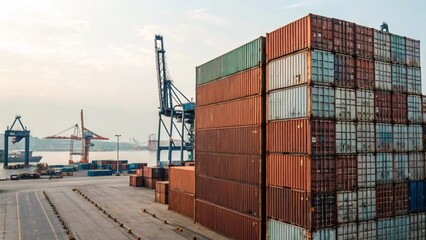 Fototapeta premium Aerial View of Stacked Cargo Containers at Busy Industrial Port Terminal with Shipping Cranes 