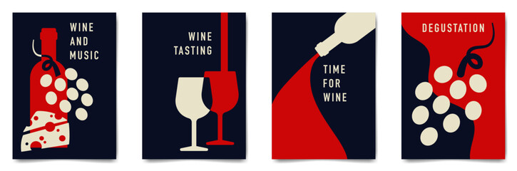 Set of minimalist wine tasting poster design. Flat vector illustration. Bottles of wine, glasses, grapes and cheese.	