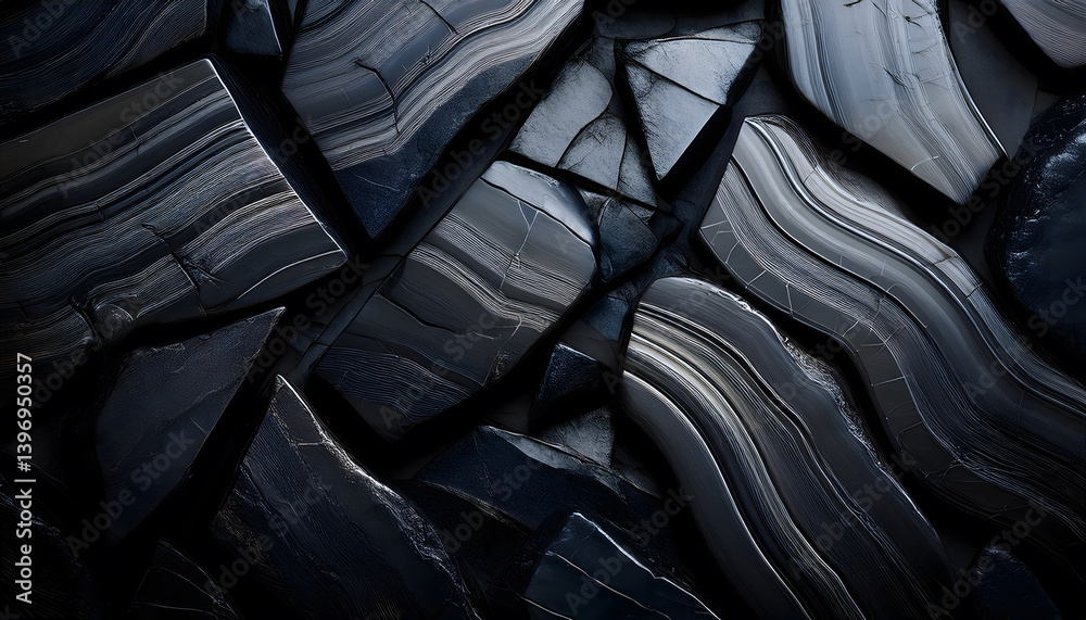 Poster textured black stone slabs arranged irregularly, showcasing natural patterns and contrasts in color 