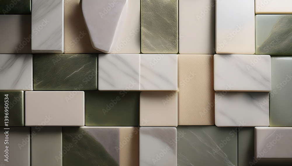 Poster Textured wall featuring various tiles in neutral tones and patterns, creating a sophisticated and modern look