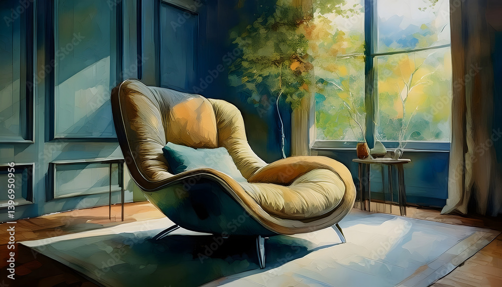 Poster a stylish armchair in a sunlit room, complemented by greenery and a small table, creating a cozy and