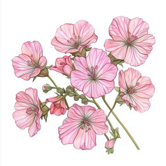 Obraz premium illustration of Bleeding Heart flower, summer flowers, soft watercolor tones, white background, detailed illustration, cartoonish.