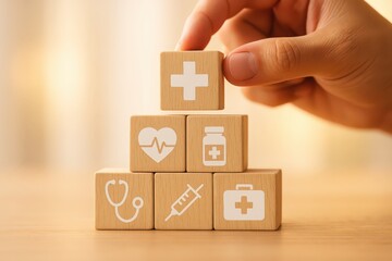Healthcare Concept: Wooden Blocks Representing Medical Symbols