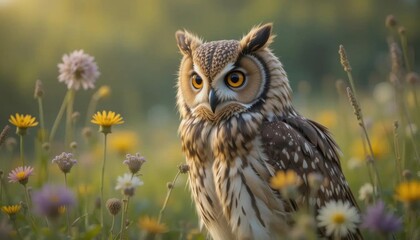 Obraz premium Golden Hour Owl Amidst Wildflower Meadow