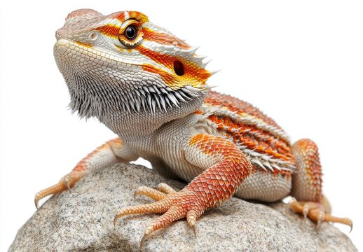 A lizard, which could be an agama or a central bearded dragon (Pogona vitticeps), was perched on a stone inside a terrarium