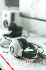 Organized gaming workspace with stylish accessories: backlit keyboard, precision mouse, and high-resolution monitor. Energy drink and headphones create perfect balance between creativity and leisure.