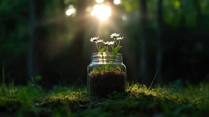 Fototapeta premium Small flowers in a glass jar, forest setting