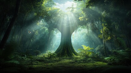 Fototapeta premium Lush forest, sunlight through canopy