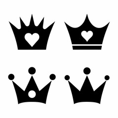 Crown Icon Vector Set with Hearts.