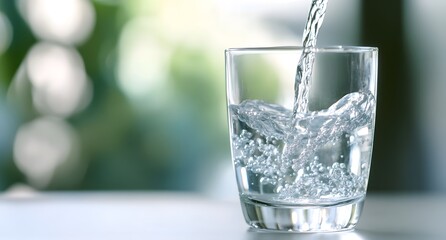 Water is poured into a glass on a table with a blurred background.