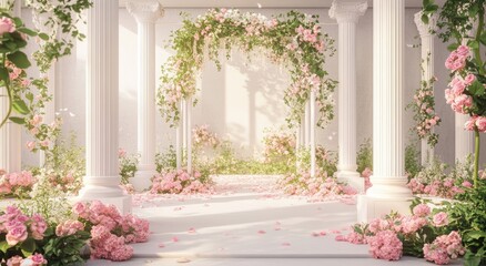 Fototapeta premium A dreamy floral archway adorned with pastel pink roses, in a sunlit classical colonnade.