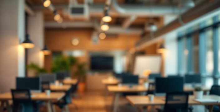 Modern coworking interior with tables and computers lit with warm yellow light. Cozy workplace background