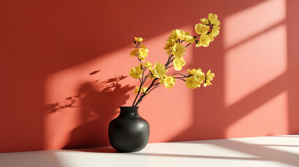 Yellow flowers in black vase against coral wall, sunlit scene creating a minimalist, serene mood, ideal for home decor or branding