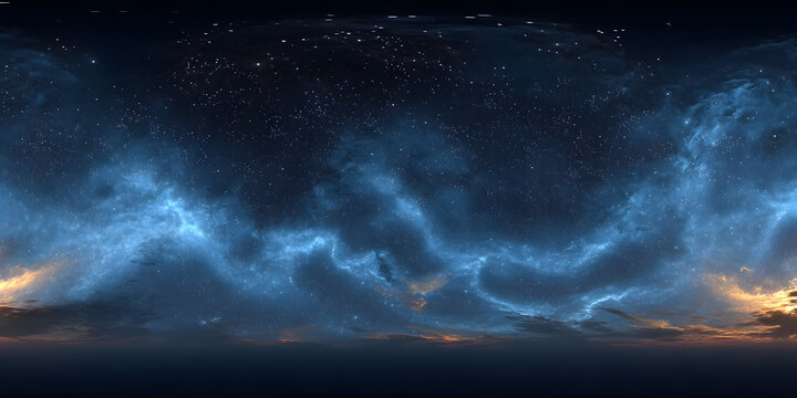 360 degree space nebula panorama, equirectangular projection, environment map. HDRI spherical panorama. Space background with nebula and stars