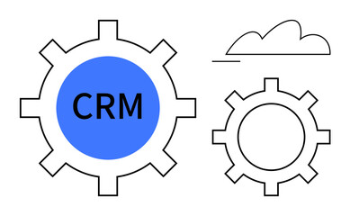 Blue CRM gear next to a smaller outline gear and a cloud symbolizes customer relationship management, cloud storage, and system integration. Ideal for technology, business, workflow, automation