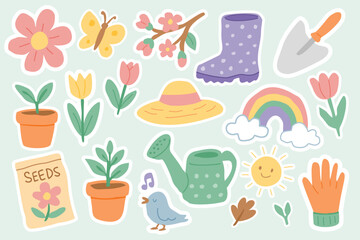 Hand drawn Cheerful Spring Gardening Set with Potted Flowers, Seeds, Boots, Hat, and Playful Nature Elements, 