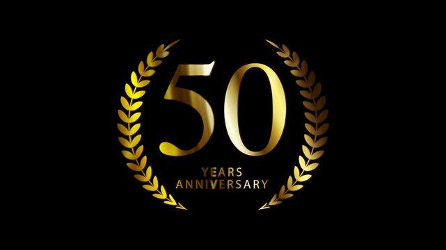 Elegant golden 50 years anniversary celebration animation with laurel wreath on black background. Perfect for corporate milestones, company achievements, golden jubilees, or festive event intros.