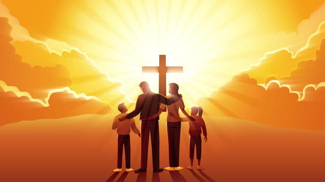 Motion graphics of Christian family stands at the bottom of the hill, looking up at a cross on the hill. Followers, hope, devoted christians concept