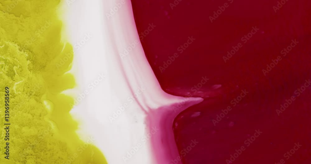 Wall mural yellow and pink alcohol ink is creating abstract patterns while flowing and mixing on a white backgr