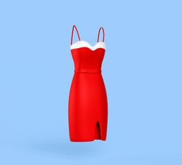 Women cocktail dress 3d render icon. Elegant girl evening gown, red romantic outfit. Fashion clothing, stylish strap dress with white bodice, cloth belt, slit isolated on background. 3D illustration