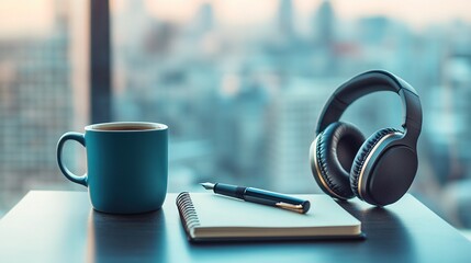 Overhead shot composition of modern productivity tools, notebook, pen, wireless headphones and coffee cup on blurred cityscape background, remote working setup and professional lifestyle content.