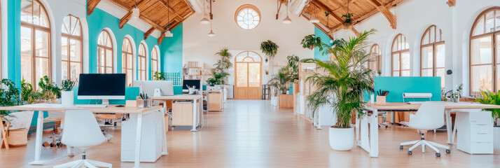 Fototapeta premium Eco-Friendly Workspace: A modern office filled with greenery and natural light, for a healthy work environment.