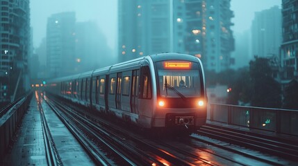 Obraz premium Modern train in urban rain