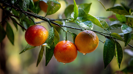 Close-up of three oranges on a branch with wet leaves, showcasing vibrant colors and natural texture, representing freshness, abundance, and the beauty of nature