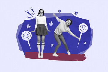 Trendy 3d zine full photo collage of girl guy receive cyberbully hate concept bad emoji icon sad smiley hate content abuse