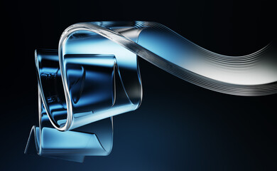 3d abstract liquid glass transparent tape wave line on dark blue background. Render fluid flow curve shape, water ribbon in neon light on black bg. Graphic design digital technology. 3D illustration
