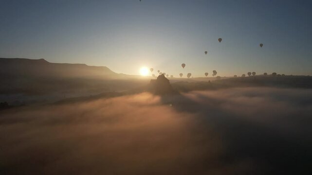Hot Air Balloons in the Sunrise Drone Video, Cappadocia (Kapadokya) Goreme Nevsehir, Turkey (Turkiye)