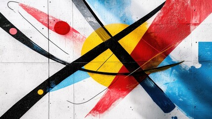 Abstract geometric street art with colorful shapes and bold lines on urban wall